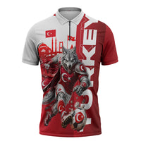 Personalized Turkey Football Zipper Polo Shirt Turkish Flag Grey Wolf Skyline