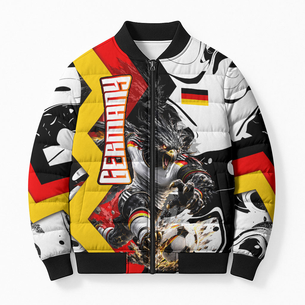 Personalized Germany Football 2026 Eagle Mascot Bomber Puffer Jacket German Flag Heritage - Soccer Ball Burst