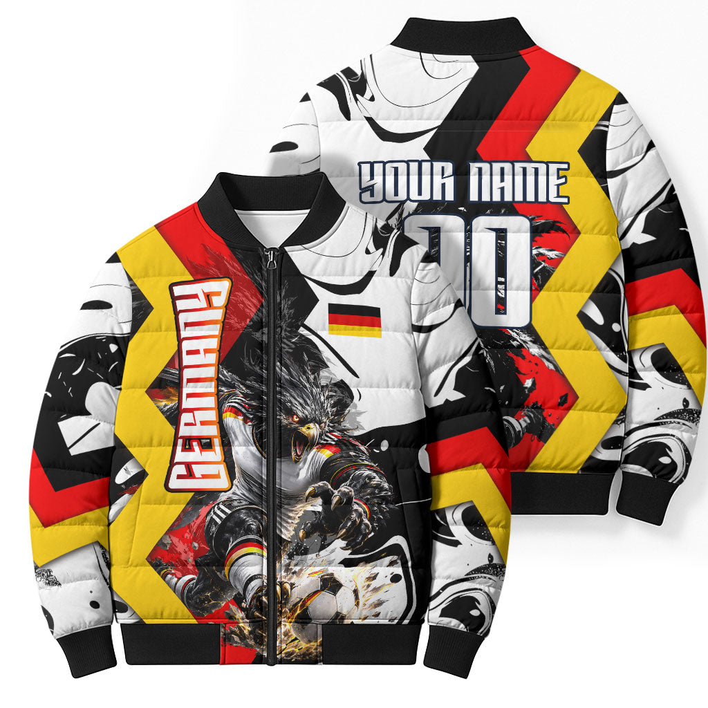 Personalized Germany Football 2026 Eagle Mascot Bomber Puffer Jacket German Flag Heritage - Soccer Ball Burst
