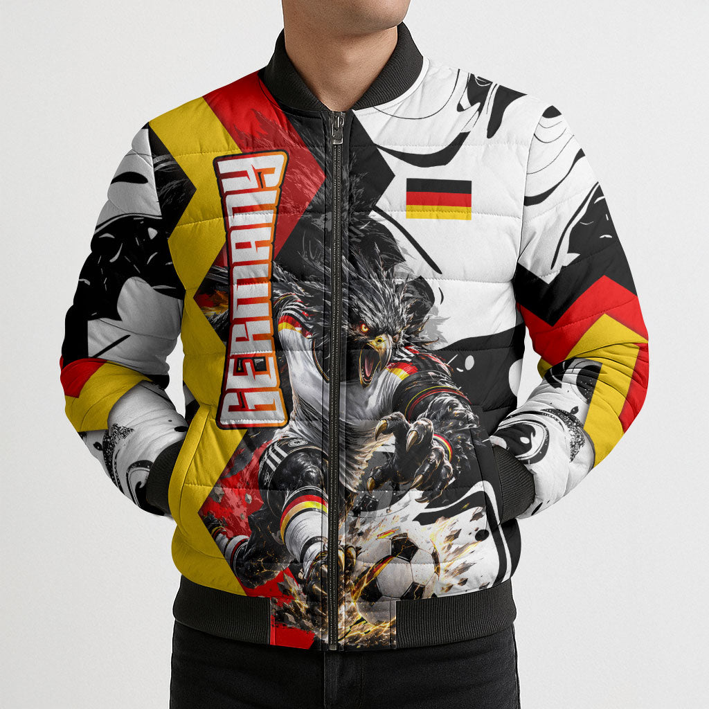Personalized Germany Football 2026 Eagle Mascot Bomber Puffer Jacket German Flag Heritage - Soccer Ball Burst