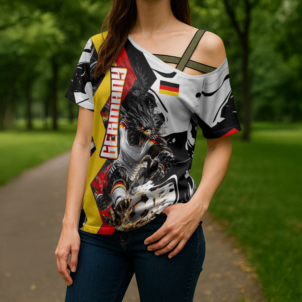 Personalized Germany Football 2026 Eagle Mascot Cross Shoulder Shirt German Flag Heritage - Soccer Ball Burst