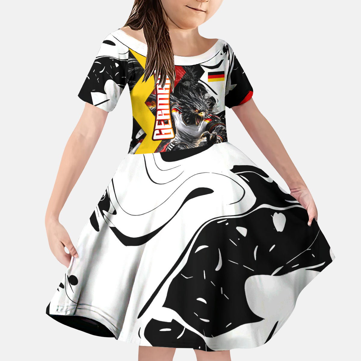 Personalized Germany Football 2026 Eagle Mascot Kid Short Sleeve Dress German Flag Heritage - Soccer Ball Burst
