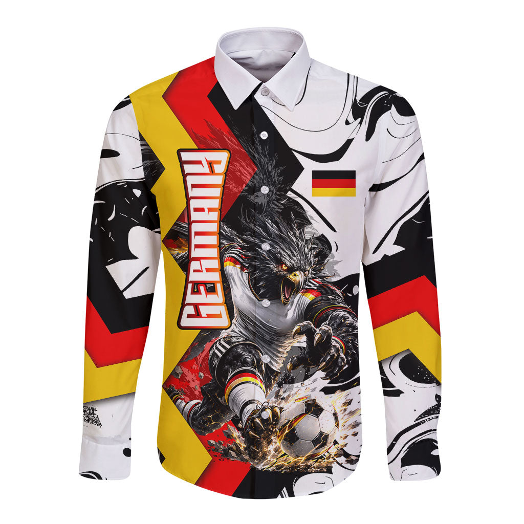 Personalized Germany Football 2026 Eagle Mascot Long Sleeve Button Shirt German Flag Heritage - Soccer Ball Burst