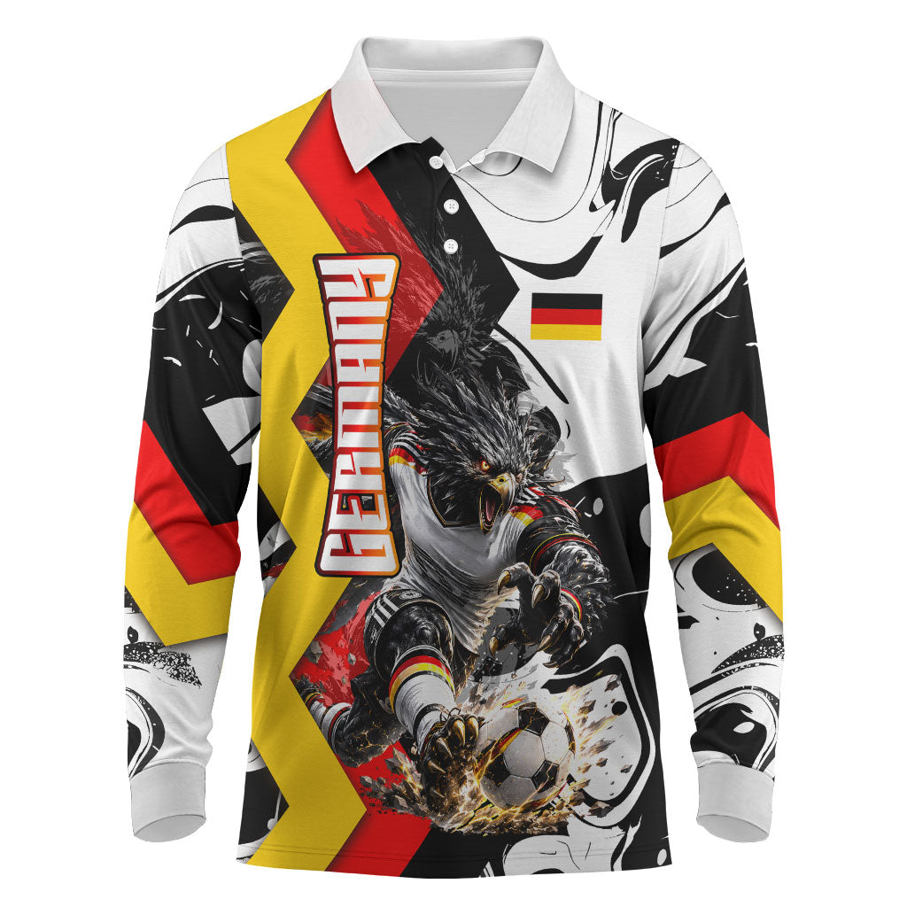 Personalized Germany Football 2026 Eagle Mascot Long Sleeve Polo Shirt German Flag Heritage - Soccer Ball Burst