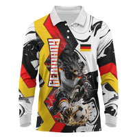 Personalized Germany Football 2026 Eagle Mascot Long Sleeve Polo Shirt German Flag Heritage - Soccer Ball Burst