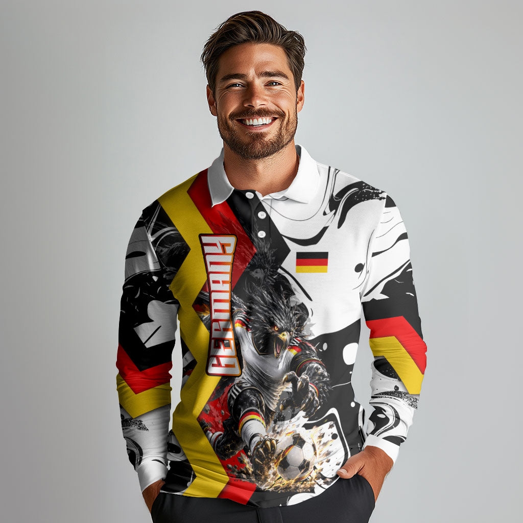 Personalized Germany Football 2026 Eagle Mascot Long Sleeve Polo Shirt German Flag Heritage - Soccer Ball Burst