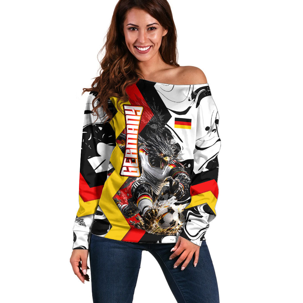 Personalized Germany Football 2026 Eagle Mascot Off Shoulder Sweater German Flag Heritage - Soccer Ball Burst