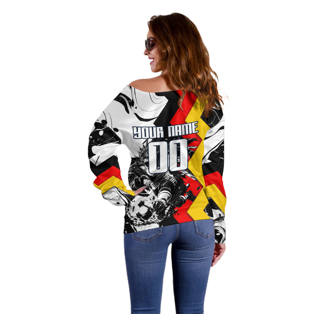 Personalized Germany Football 2026 Eagle Mascot Off Shoulder Sweater German Flag Heritage - Soccer Ball Burst