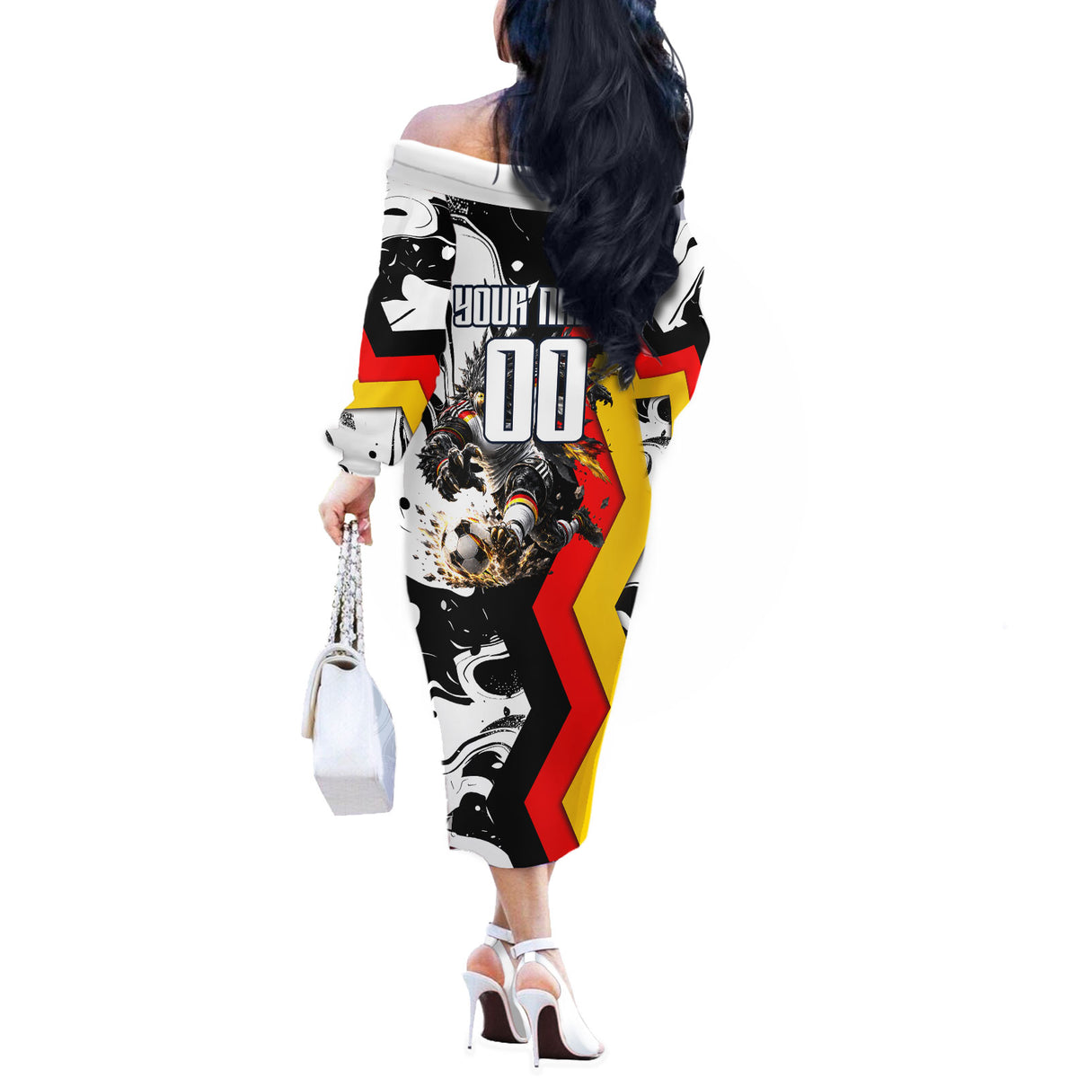 Personalized Germany Football 2026 Eagle Mascot Off The Shoulder Long Sleeve Dress German Flag Heritage - Soccer Ball Burst