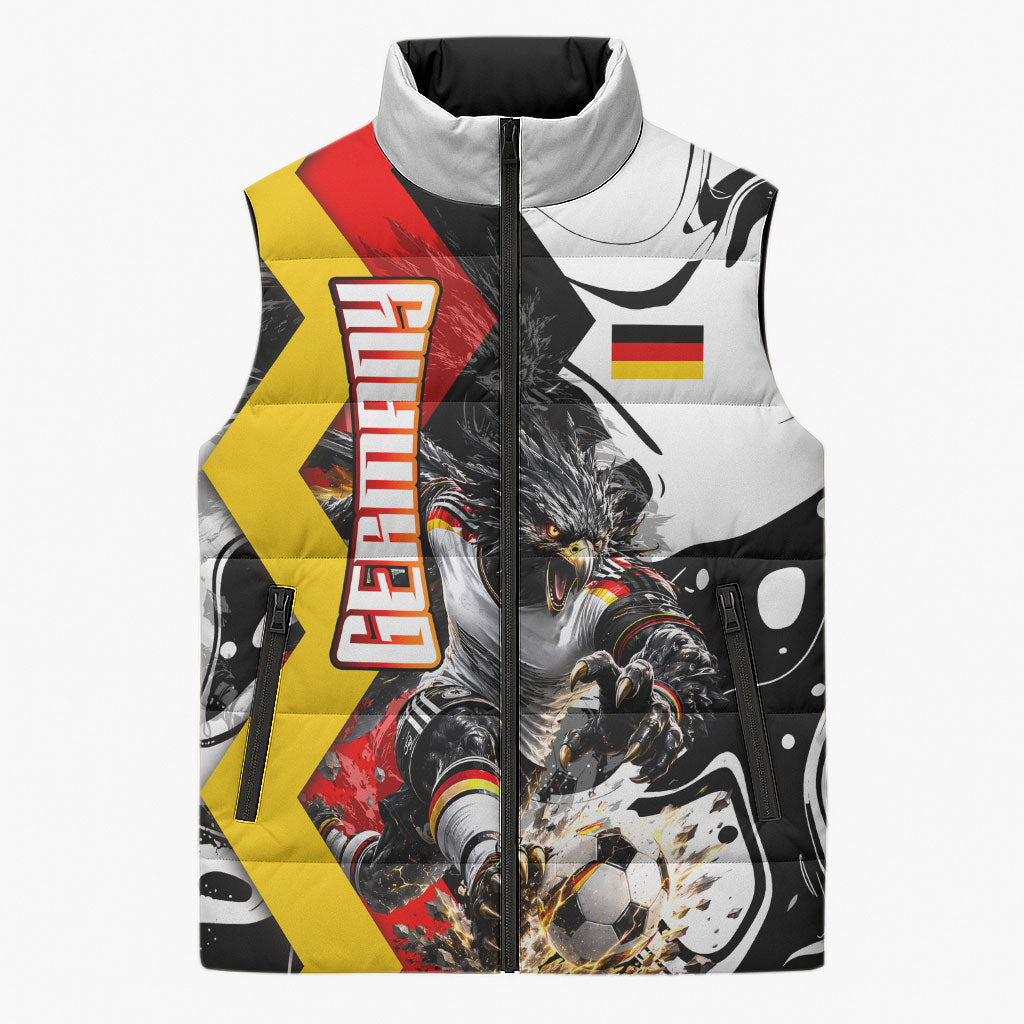 Personalized Germany Football 2026 Eagle Mascot Sleeveless Puffer Jacket German Flag Heritage - Soccer Ball Burst