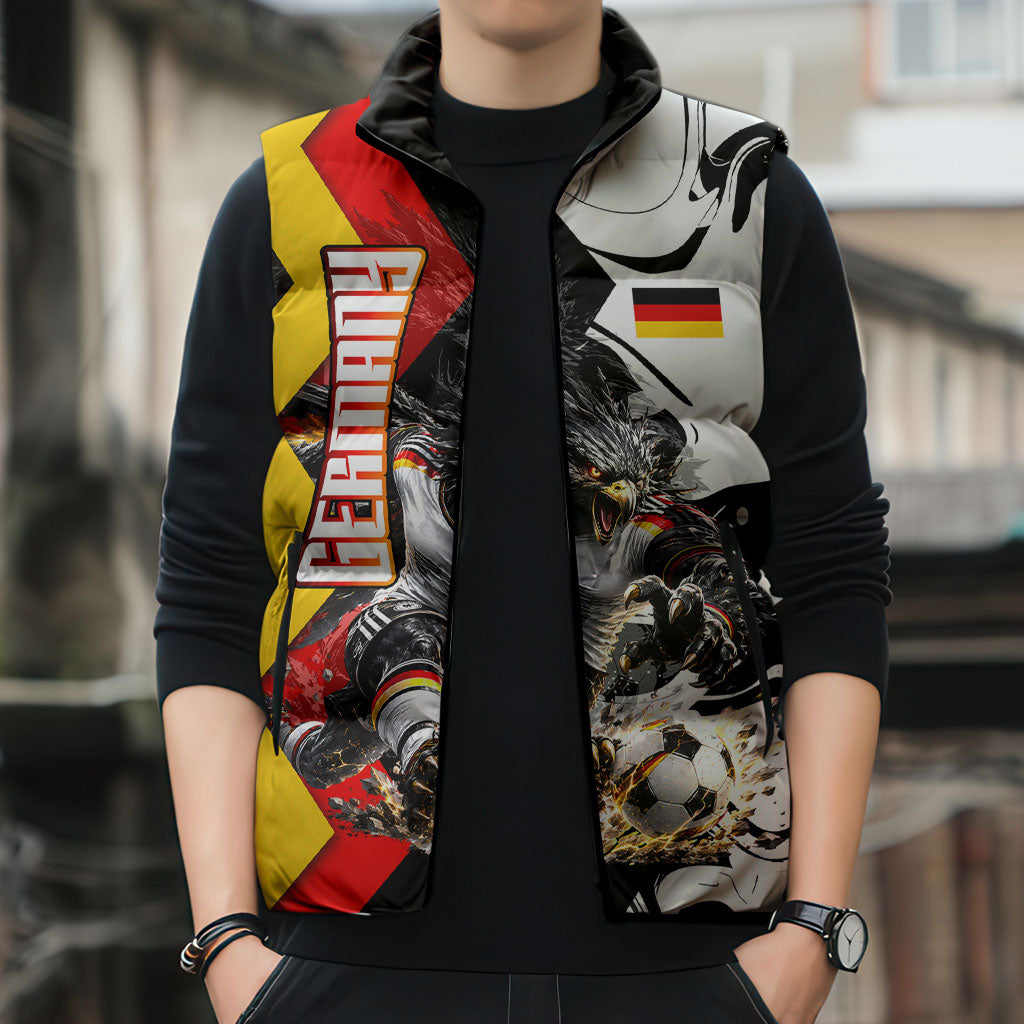 Personalized Germany Football 2026 Eagle Mascot Sleeveless Puffer Jacket German Flag Heritage - Soccer Ball Burst