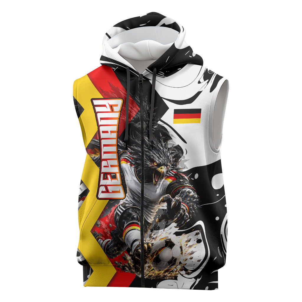 Personalized Germany Football 2026 Eagle Mascot Sleeveless Zip Hoodie German Flag Heritage - Soccer Ball Burst