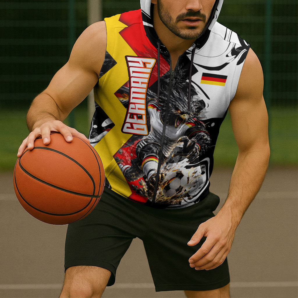 Personalized Germany Football 2026 Eagle Mascot Sleeveless Zip Hoodie German Flag Heritage - Soccer Ball Burst