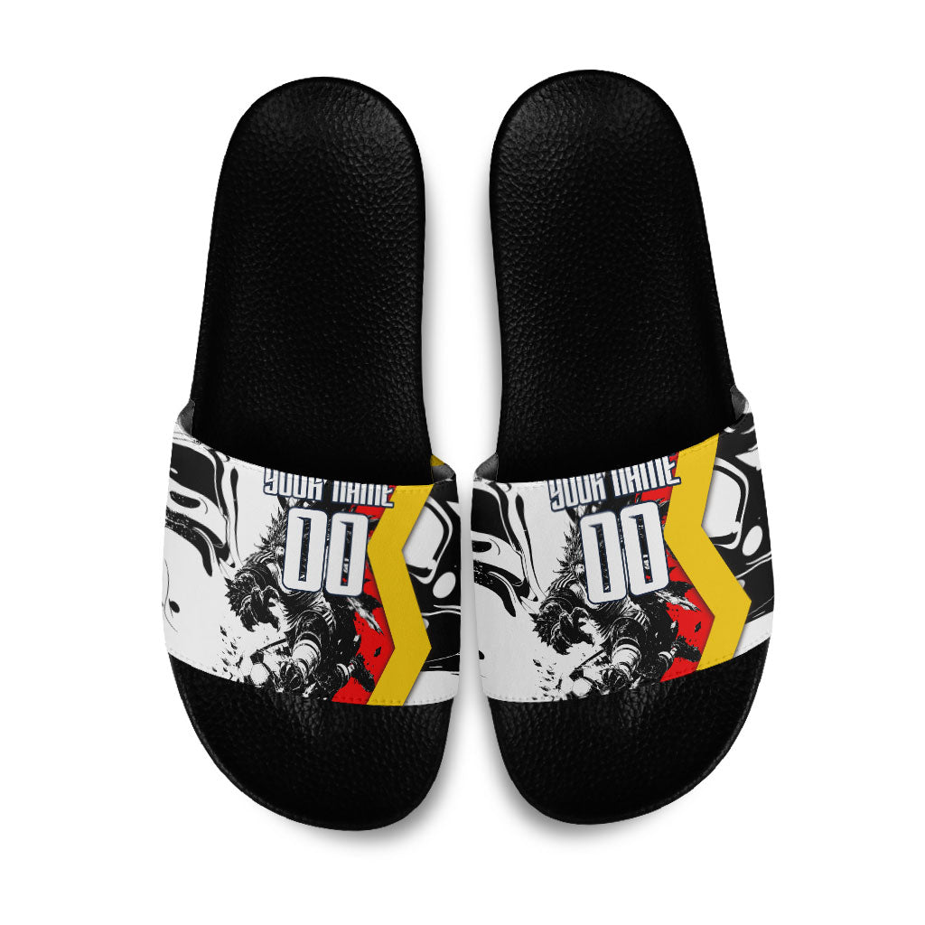 Personalized Germany Football 2026 Eagle Mascot Slide Sandals German Flag Heritage - Soccer Ball Burst