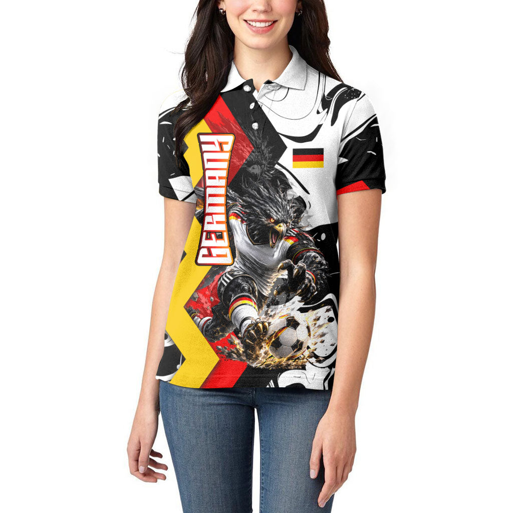 Personalized Germany Football 2026 Eagle Mascot Women Polo Shirt German Flag Heritage - Soccer Ball Burst
