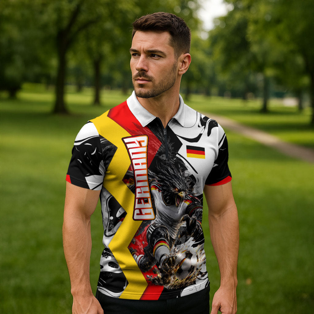Personalized Germany Football 2026 Eagle Mascot Zipper Polo Shirt German Flag Heritage - Soccer Ball Burst