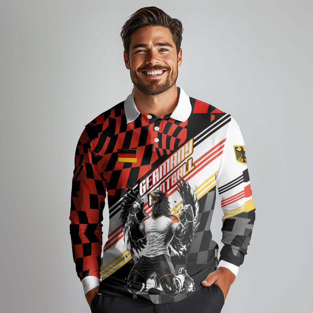 Personalized Germany Football Long Sleeve Polo Shirt Deutschland Power Eagle Mascot - Championship Spirit