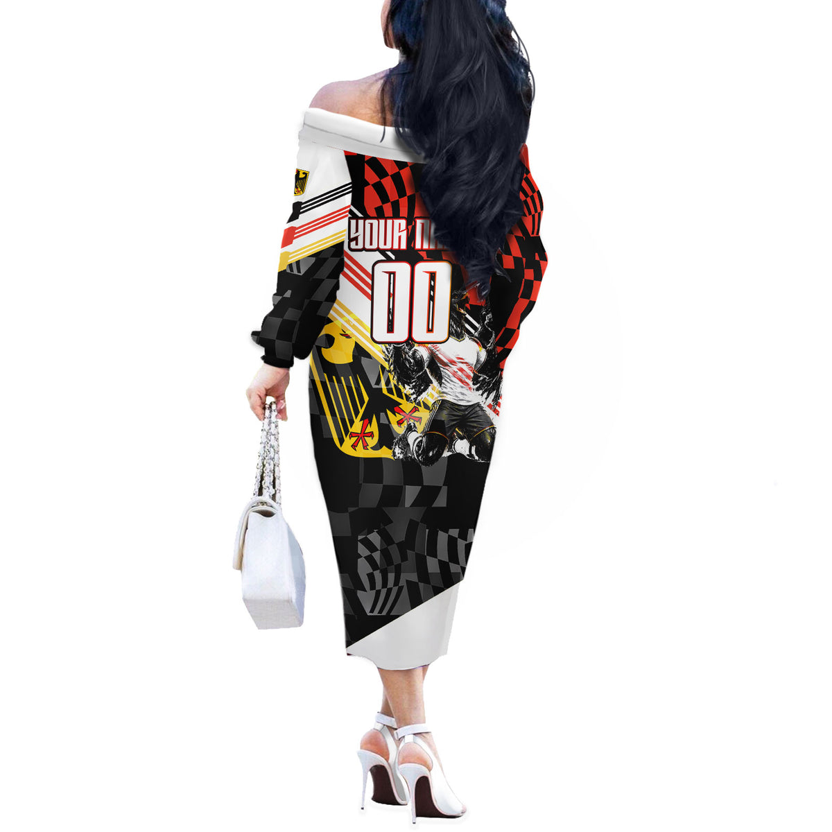 Personalized Germany Football Off The Shoulder Long Sleeve Dress Deutschland Power Eagle Mascot - Championship Spirit