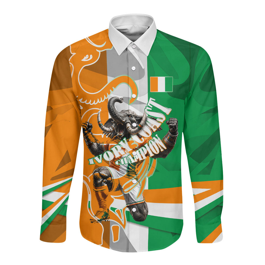 Personalized Ivory Coast Football Elephant Champion Long Sleeve Button Shirt Cote d Ivoire Flag Colors Heritage