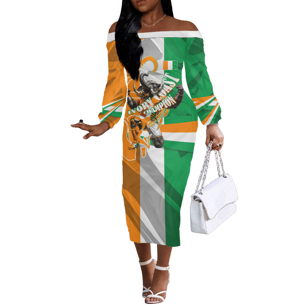 Personalized Ivory Coast Football Elephant Champion Off The Shoulder Long Sleeve Dress Cote d Ivoire Flag Colors Heritage