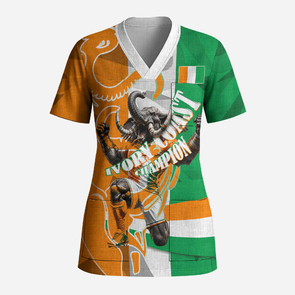 Personalized Ivory Coast Football Elephant Champion Scrub Top Cote d Ivoire Flag Colors Heritage