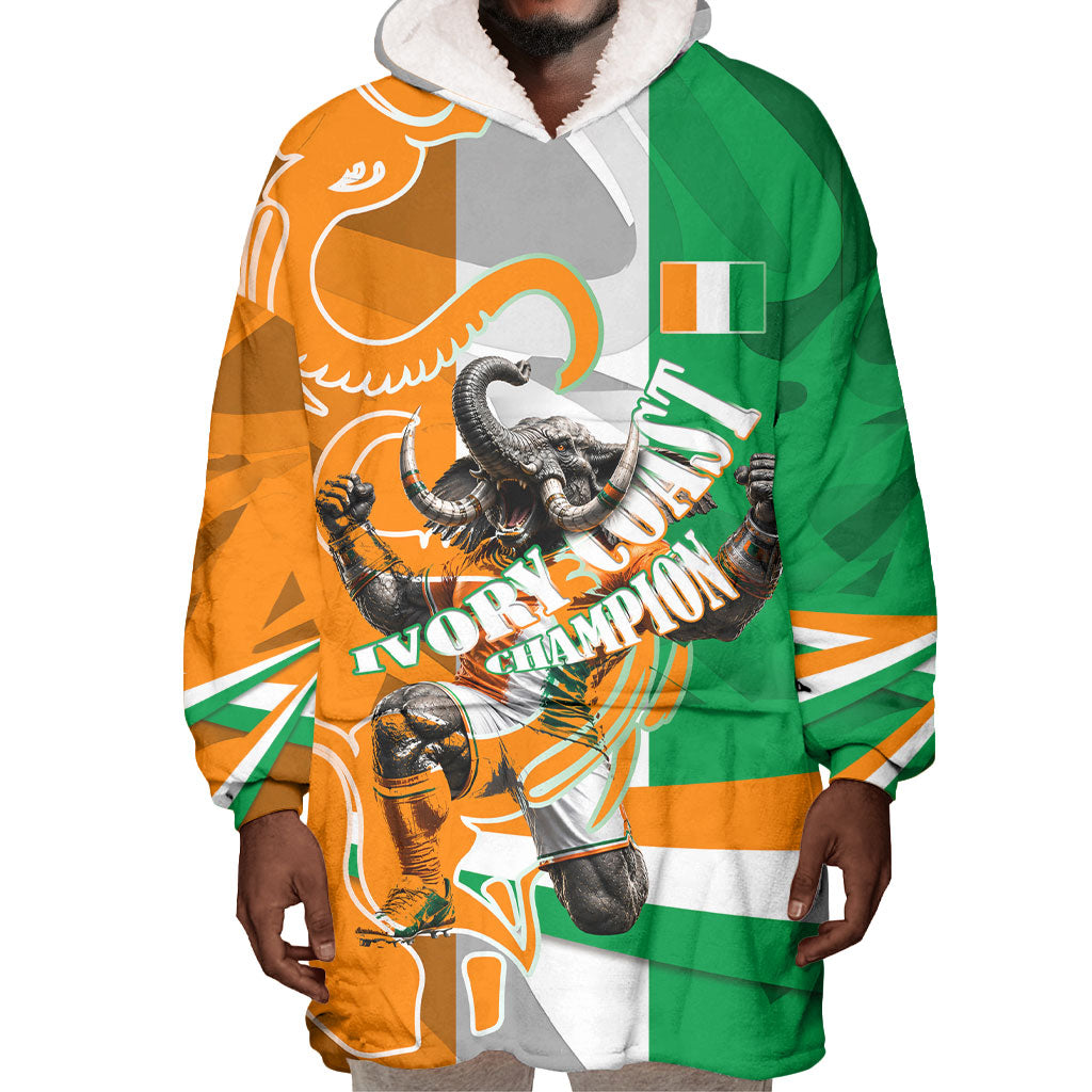 Personalized Ivory Coast Football Elephant Champion Wearable Blanket Hoodie Cote d Ivoire Flag Colors Heritage