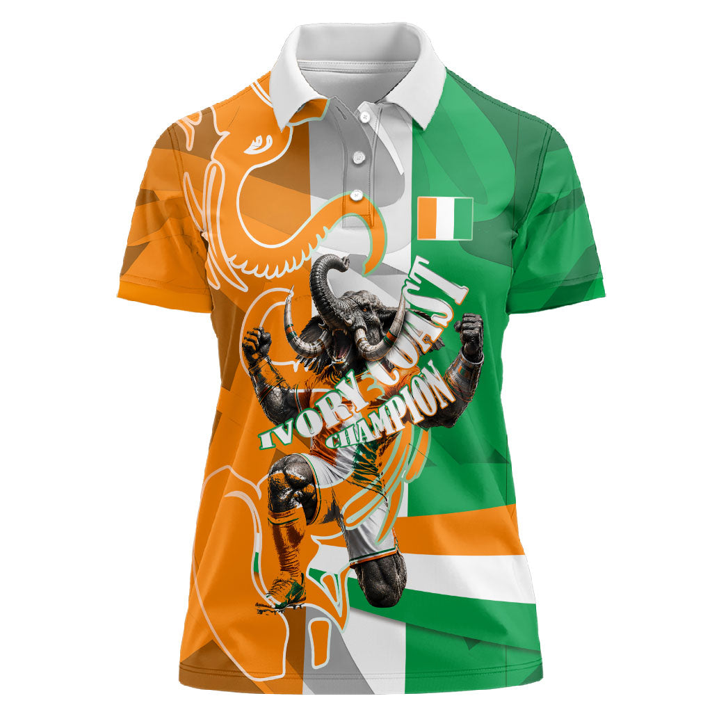 Personalized Ivory Coast Football Elephant Champion Women Polo Shirt Cote d Ivoire Flag Colors Heritage
