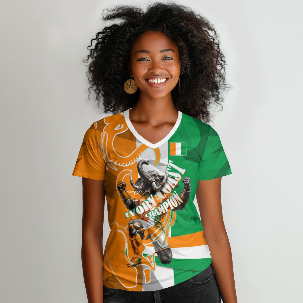 Personalized Ivory Coast Football Elephant Champion Women V-Neck T-Shirt Cote d Ivoire Flag Colors Heritage
