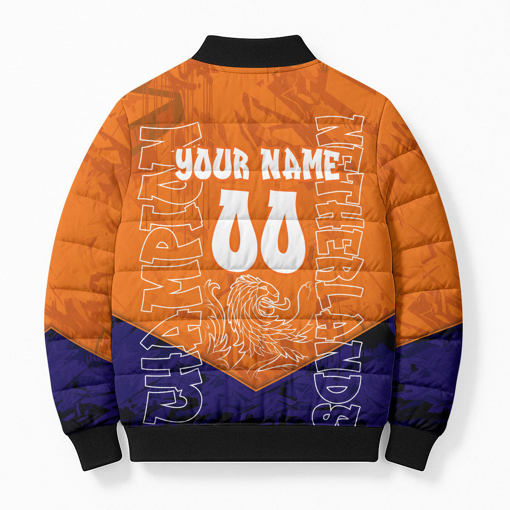 Personalized Netherlands Football Lion Bomber Puffer Jacket Oranje Pride Holland National Flag Graffiti Art