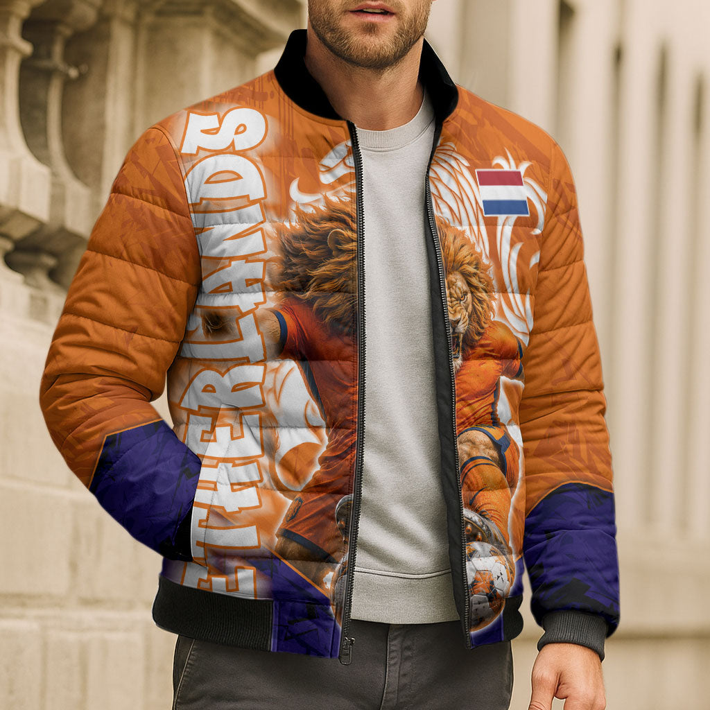Personalized Netherlands Football Lion Bomber Puffer Jacket Oranje Pride Holland National Flag Graffiti Art