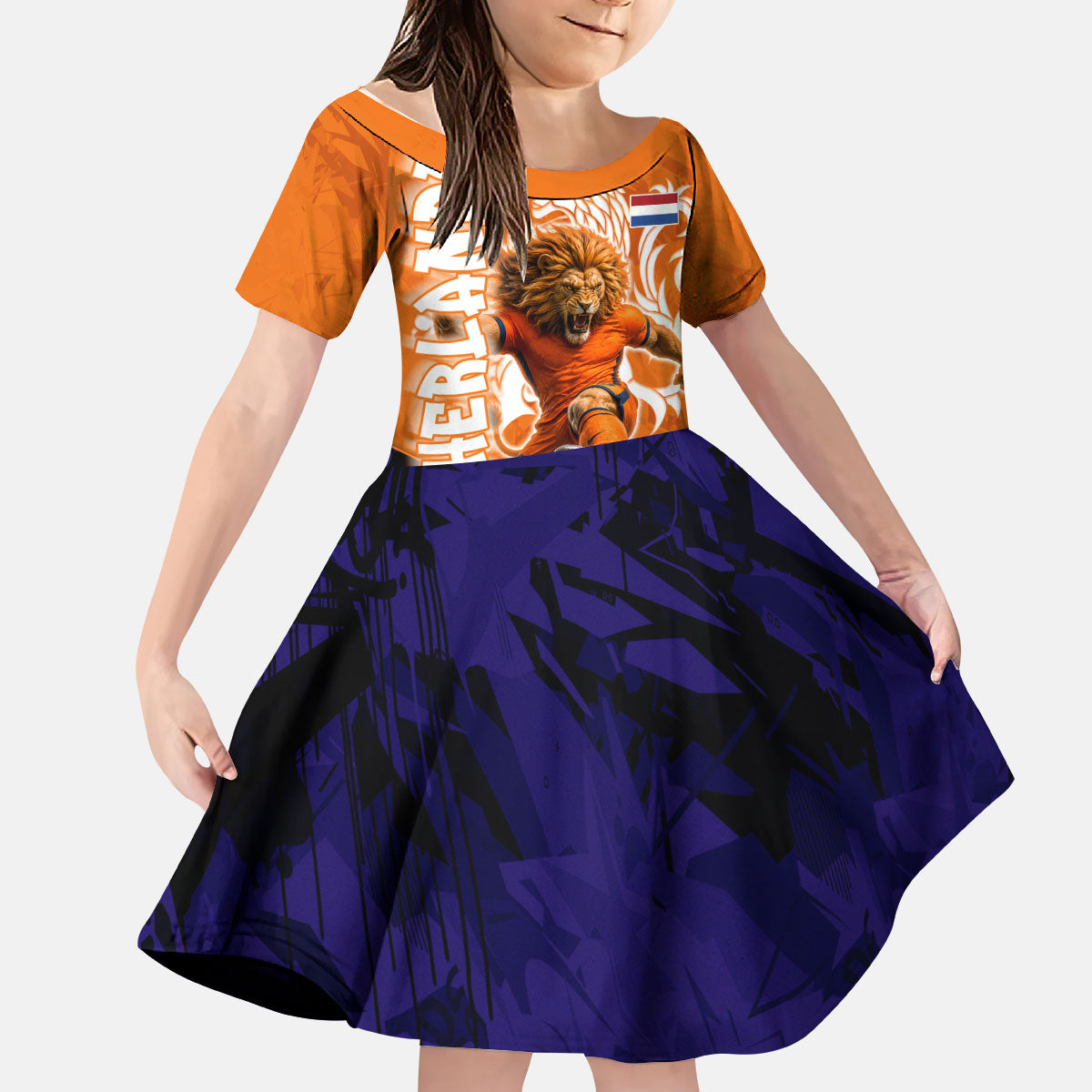 Personalized Netherlands Football Lion Kid Short Sleeve Dress Oranje Pride Holland National Flag Graffiti Art
