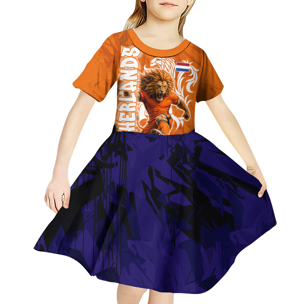 Personalized Netherlands Football Lion Kid Short Sleeve Dress Oranje Pride Holland National Flag Graffiti Art