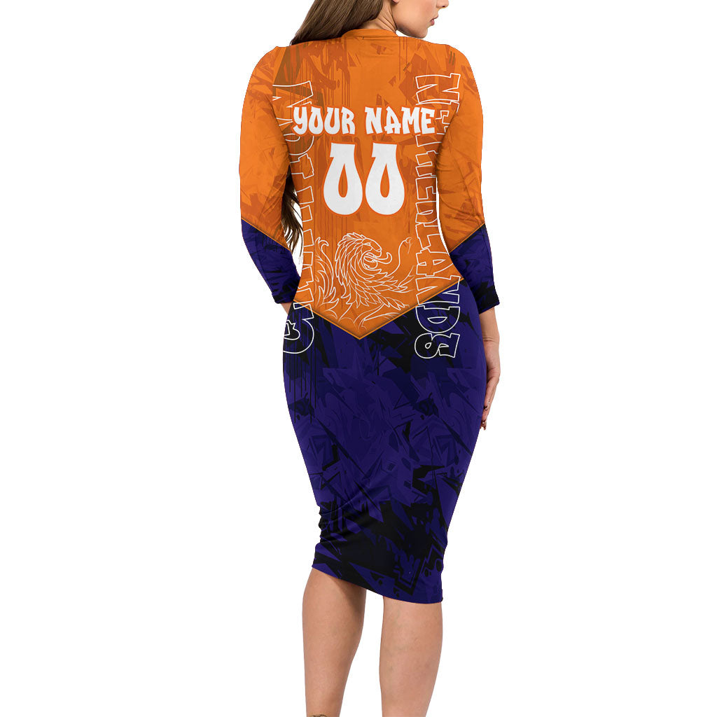 Personalized Netherlands Football Lion Long Sleeve Bodycon Dress Oranje Pride Holland National Flag Graffiti Art