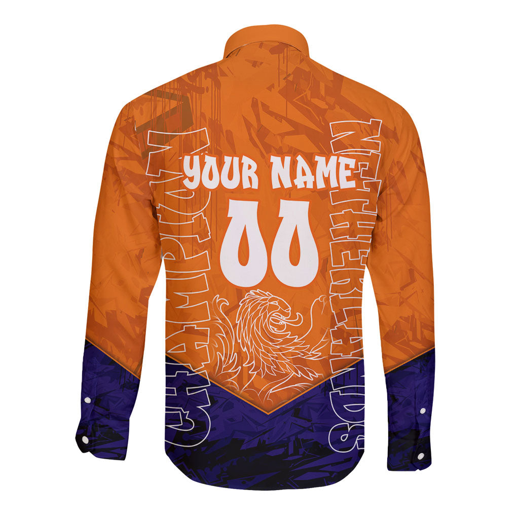 Personalized Netherlands Football Lion Long Sleeve Button Shirt Oranje Pride Holland National Flag Graffiti Art
