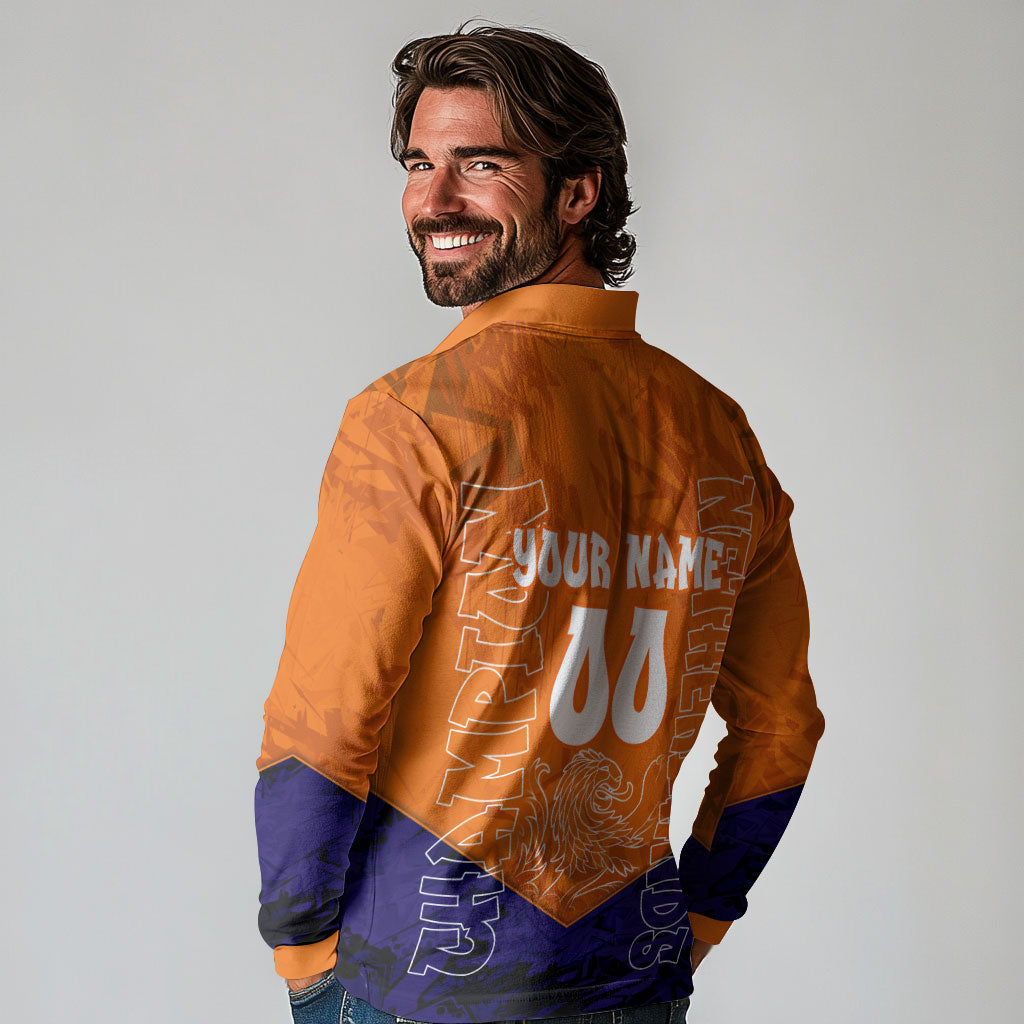 Personalized Netherlands Football Lion Long Sleeve Polo Shirt Oranje Pride Holland National Flag Graffiti Art