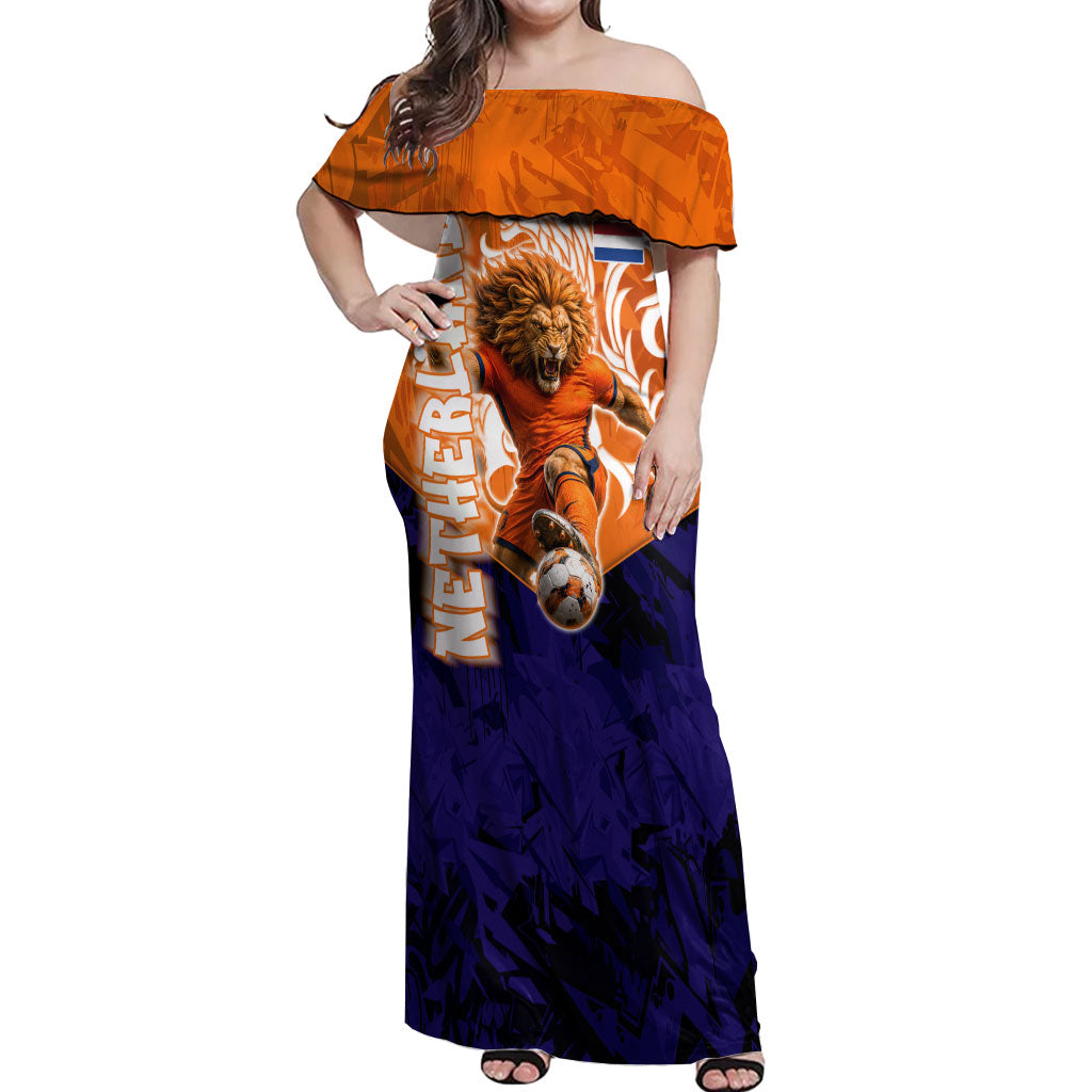 Personalized Netherlands Football Lion Off Shoulder Maxi Dress Oranje Pride Holland National Flag Graffiti Art