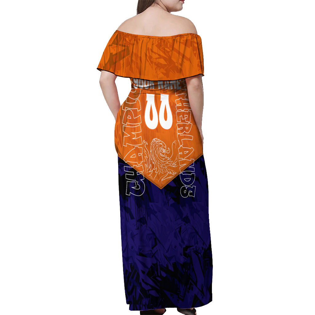 Personalized Netherlands Football Lion Off Shoulder Maxi Dress Oranje Pride Holland National Flag Graffiti Art