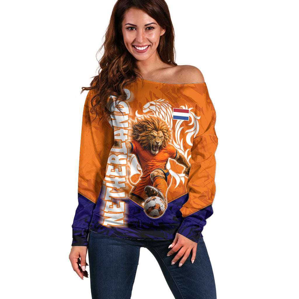 Personalized Netherlands Football Lion Off Shoulder Sweater Oranje Pride Holland National Flag Graffiti Art