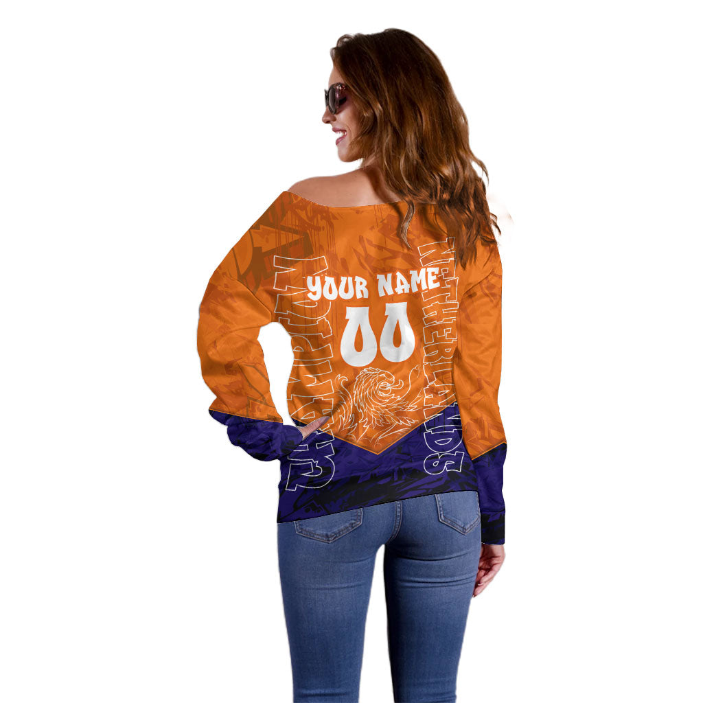 Personalized Netherlands Football Lion Off Shoulder Sweater Oranje Pride Holland National Flag Graffiti Art