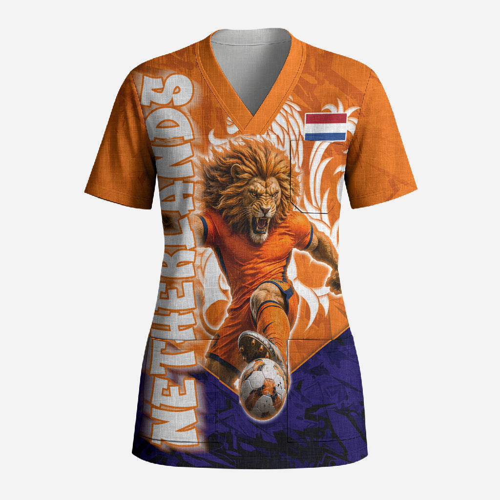 Personalized Netherlands Football Lion Scrub Top Oranje Pride Holland National Flag Graffiti Art