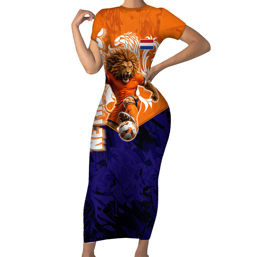 Personalized Netherlands Football Lion Short Sleeve Bodycon Dress Oranje Pride Holland National Flag Graffiti Art