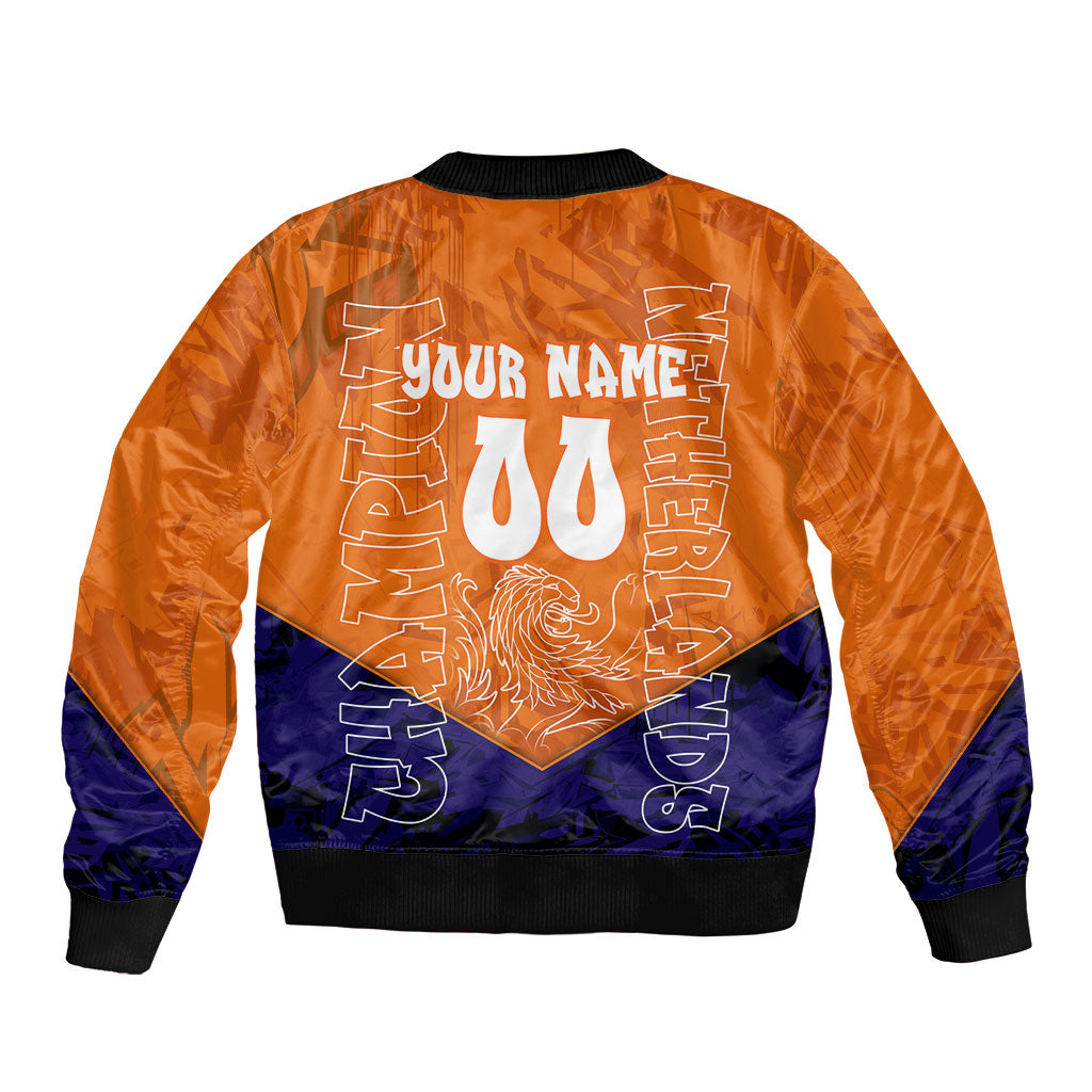 Personalized Netherlands Football Lion Sleeve Zip Bomber Jacket Oranje Pride Holland National Flag Graffiti Art