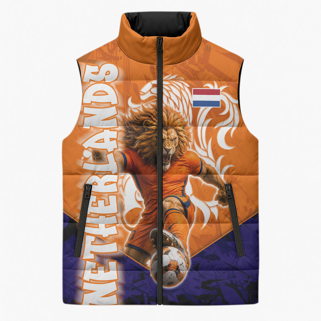 Personalized Netherlands Football Lion Sleeveless Puffer Jacket Oranje Pride Holland National Flag Graffiti Art