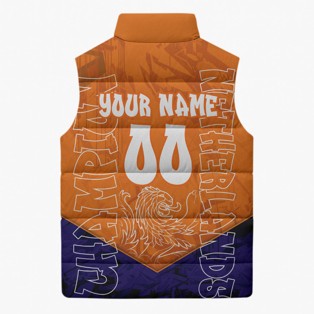 Personalized Netherlands Football Lion Sleeveless Puffer Jacket Oranje Pride Holland National Flag Graffiti Art