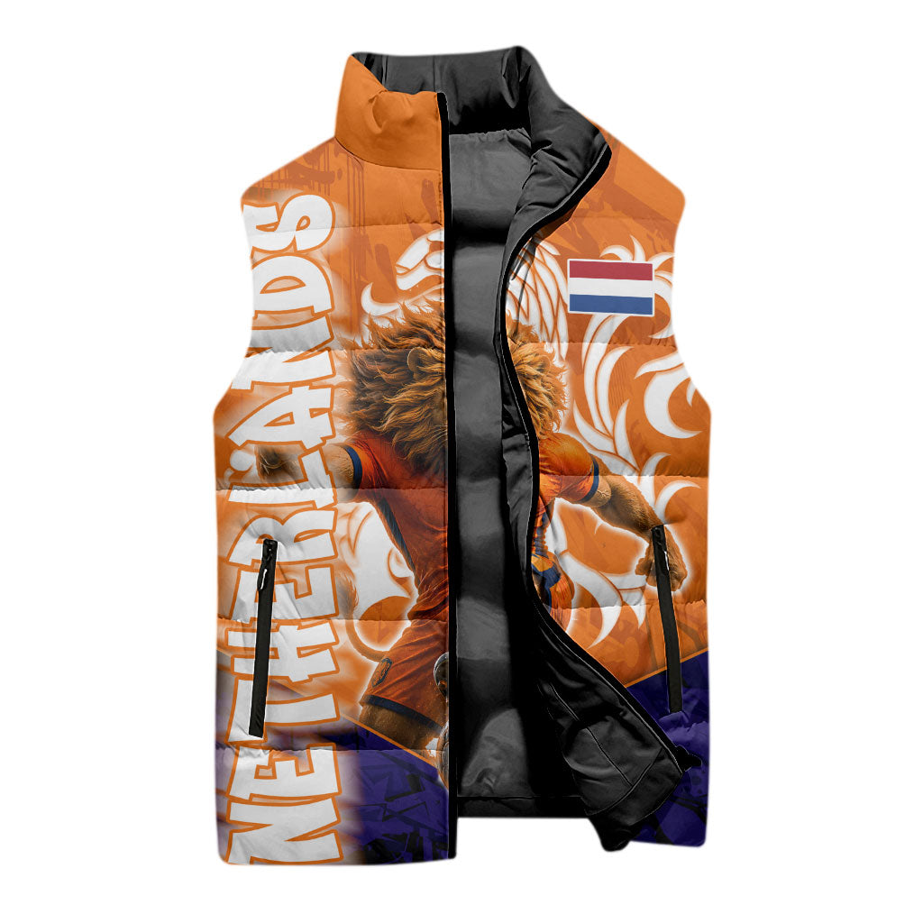 Personalized Netherlands Football Lion Sleeveless Puffer Jacket Oranje Pride Holland National Flag Graffiti Art