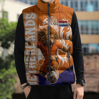 Personalized Netherlands Football Lion Sleeveless Puffer Jacket Oranje Pride Holland National Flag Graffiti Art
