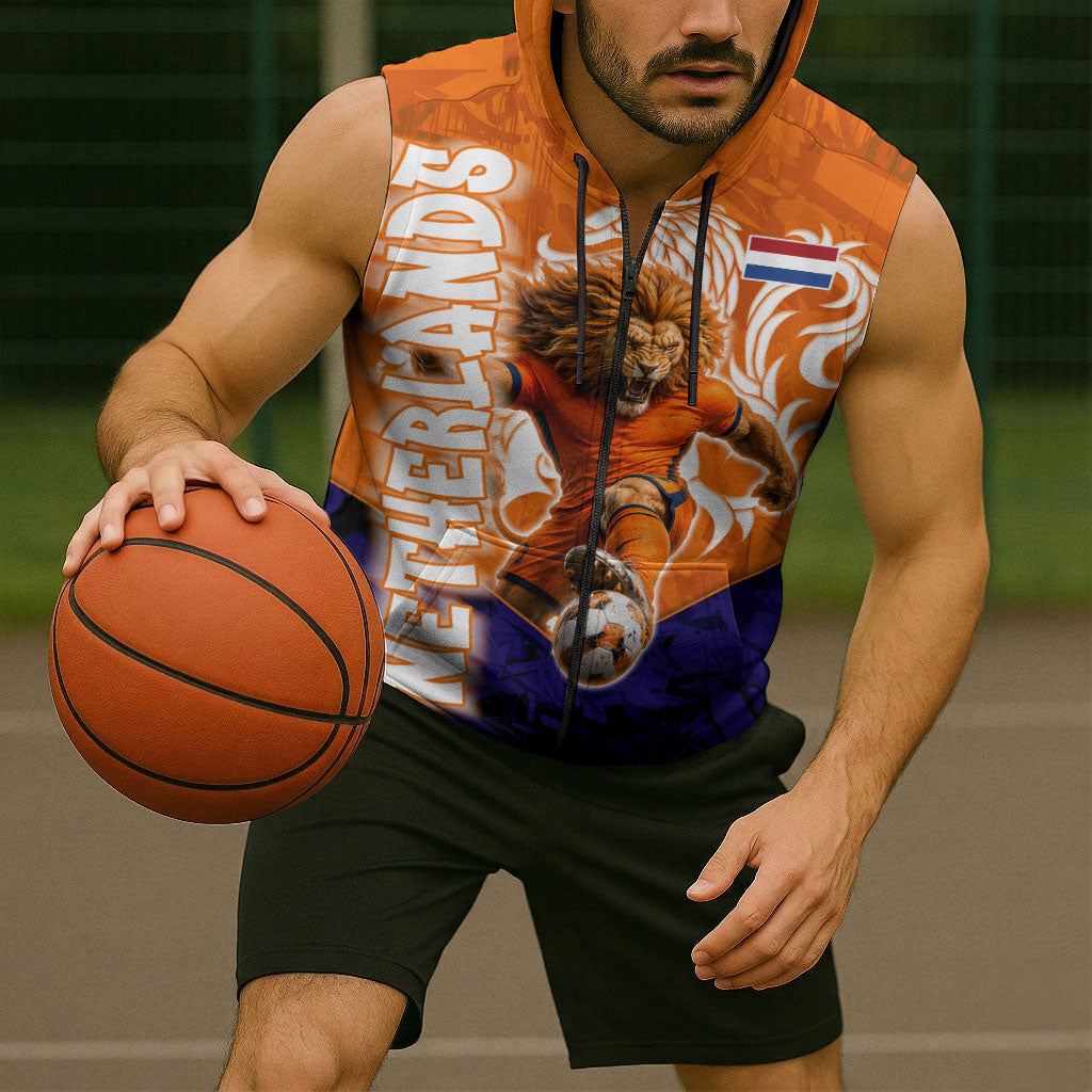 Personalized Netherlands Football Lion Sleeveless Zip Hoodie Oranje Pride Holland National Flag Graffiti Art