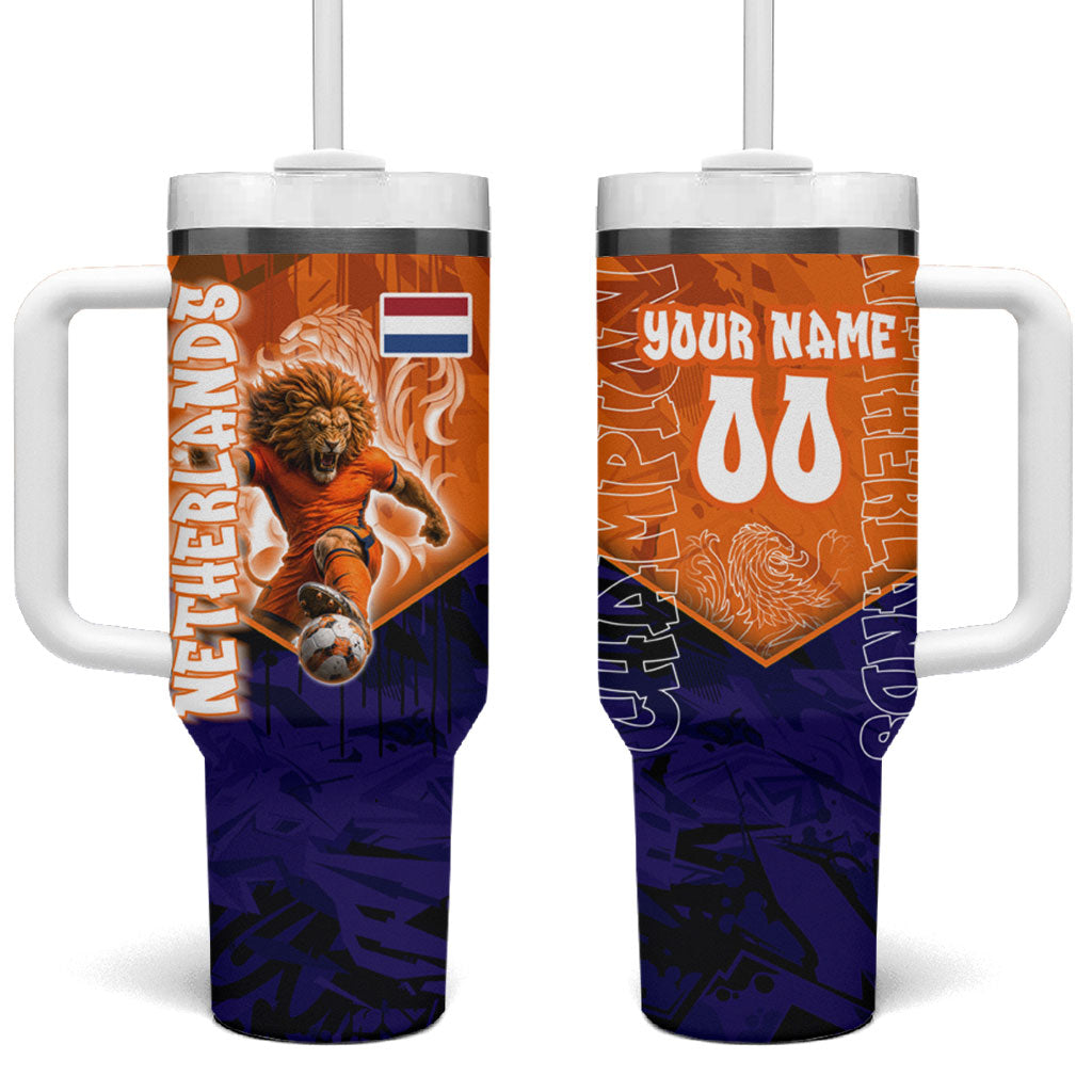 Personalized Netherlands Football Lion Tumbler With Handle Oranje Pride Holland National Flag Graffiti Art