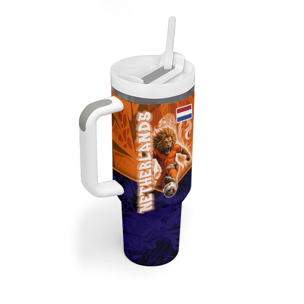 Personalized Netherlands Football Lion Tumbler With Handle Oranje Pride Holland National Flag Graffiti Art