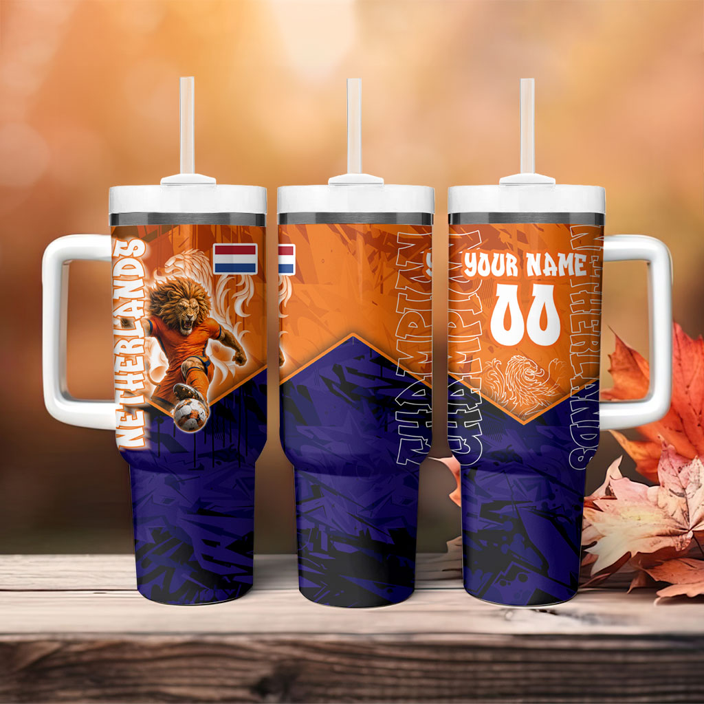 Personalized Netherlands Football Lion Tumbler With Handle Oranje Pride Holland National Flag Graffiti Art